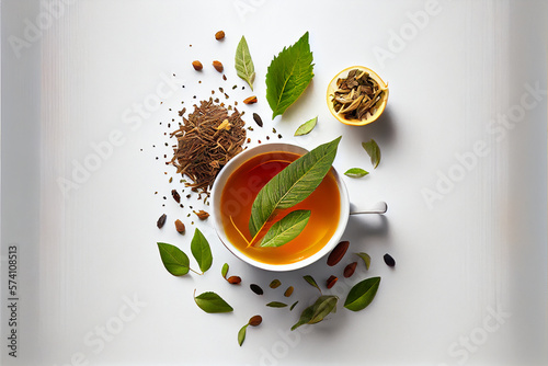 Fototapete Herbal tea leaves on white background