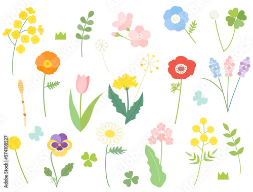 菜の花や桜・ミモザなどの春の花のイラストセット