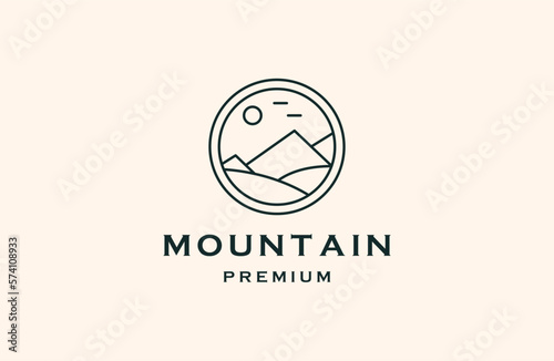 mountain and sun views. Modern outline design illustration of a sun and mountain view on a lake.