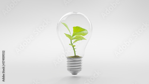 Tree growing in light bulb isolated on white background. photo