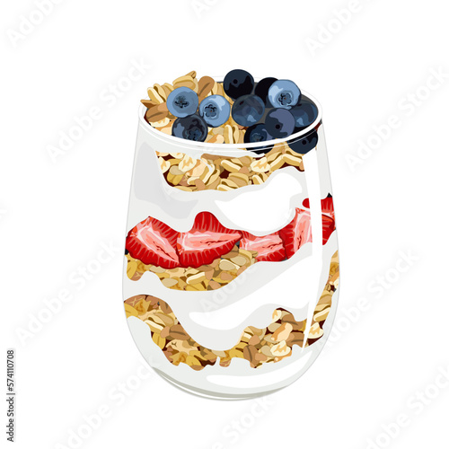 yogurt parfait with fruits and granola. Low calorie food.Healthy food hight nutrition and low fat menu. Authentic breakfast menu vector drawing illustration on white background.