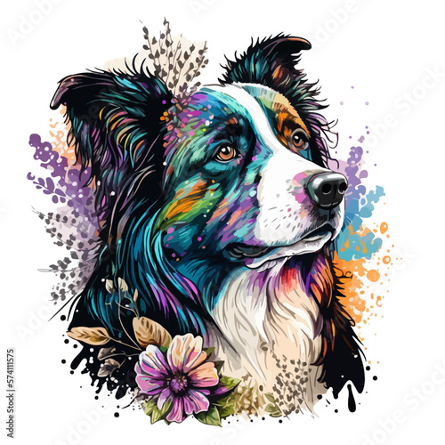 Foto Portrait of a Border Collie dog with colorful flowers