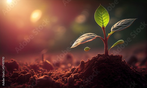 Ecology concept, the seedling are growing from the rich soil to the morning sunlight, generative AI