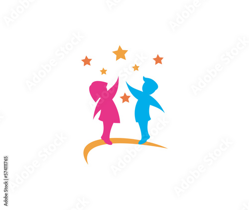 Joyful kids childcare logo template with running happy kids silhouette