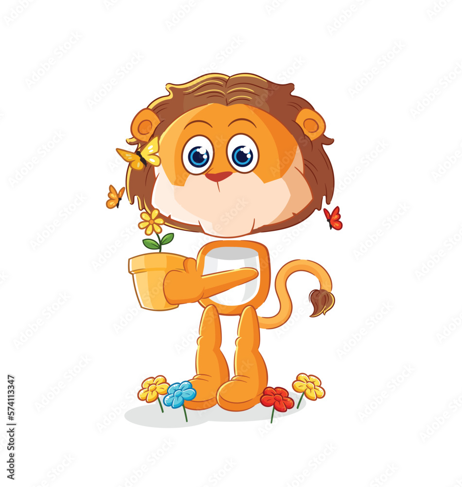 lion with a flower pot. character vector