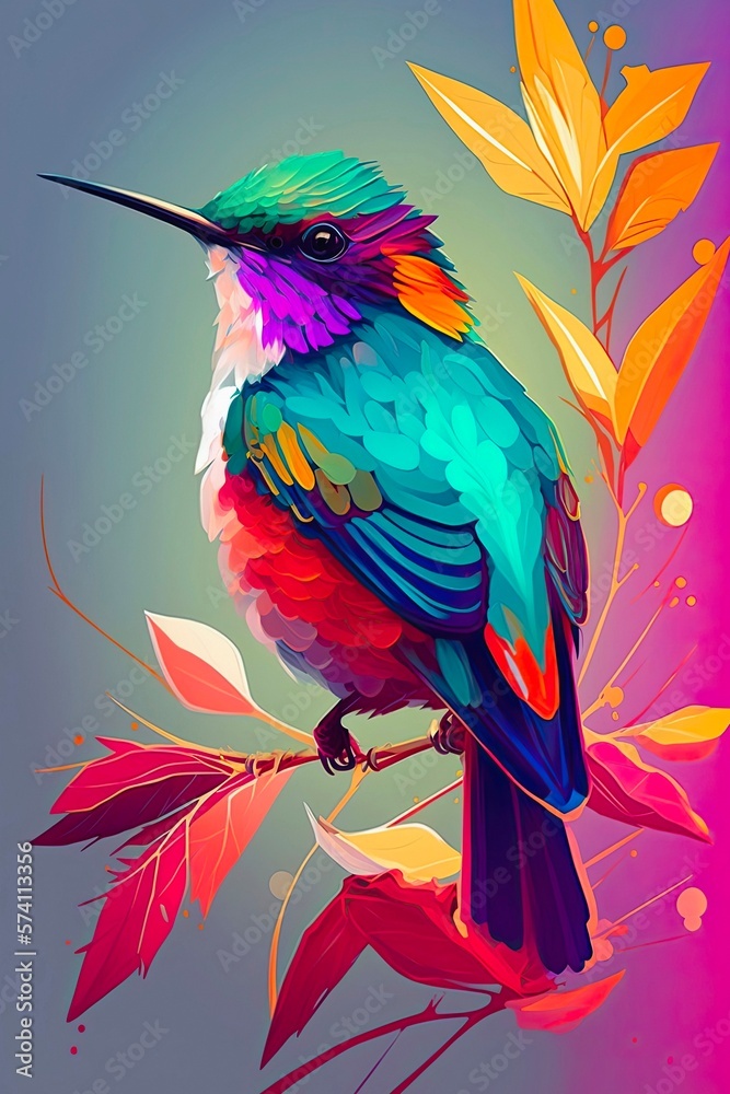 Fototapeta premium Beautiful hummingbird in foliage, rainbow bright colored illustration. Iridescent painting of colibri among green leaves.