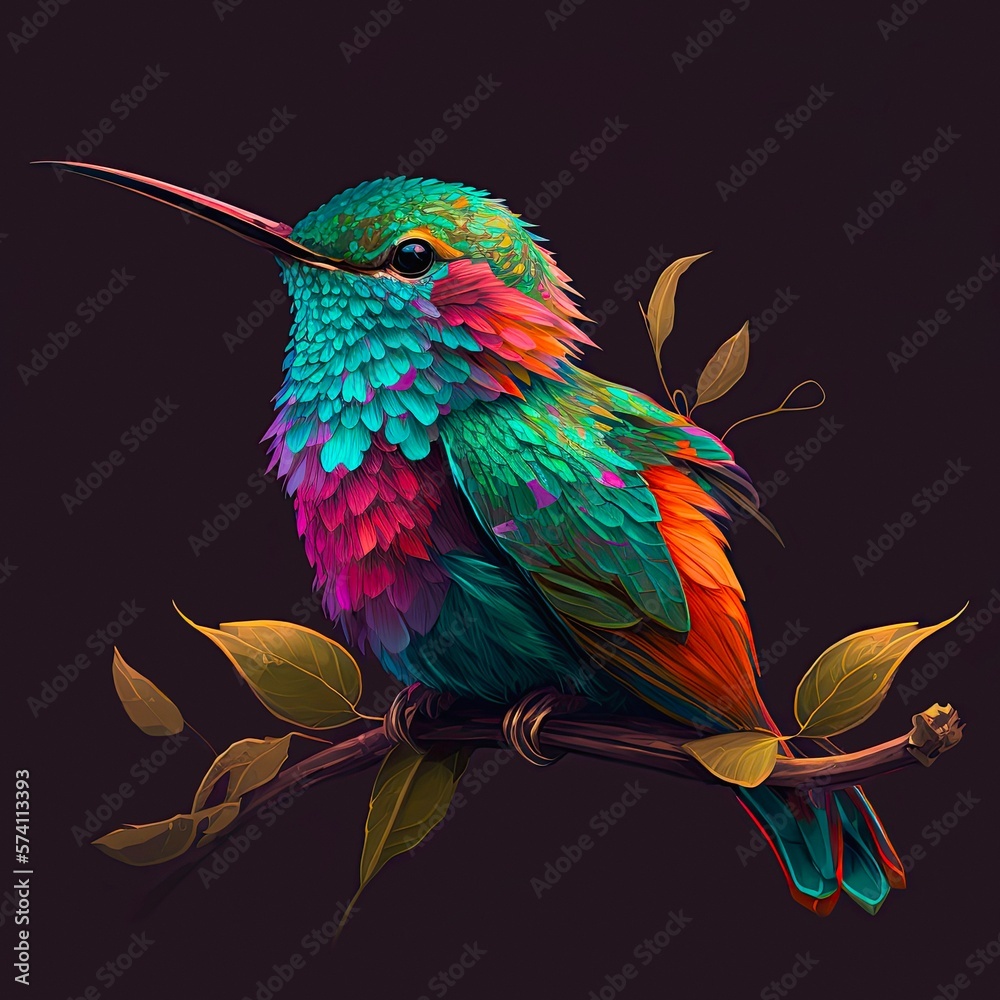 Fototapeta premium Beautiful hummingbird in foliage, rainbow bright colored illustration. Iridescent painting of colibri among green leaves.