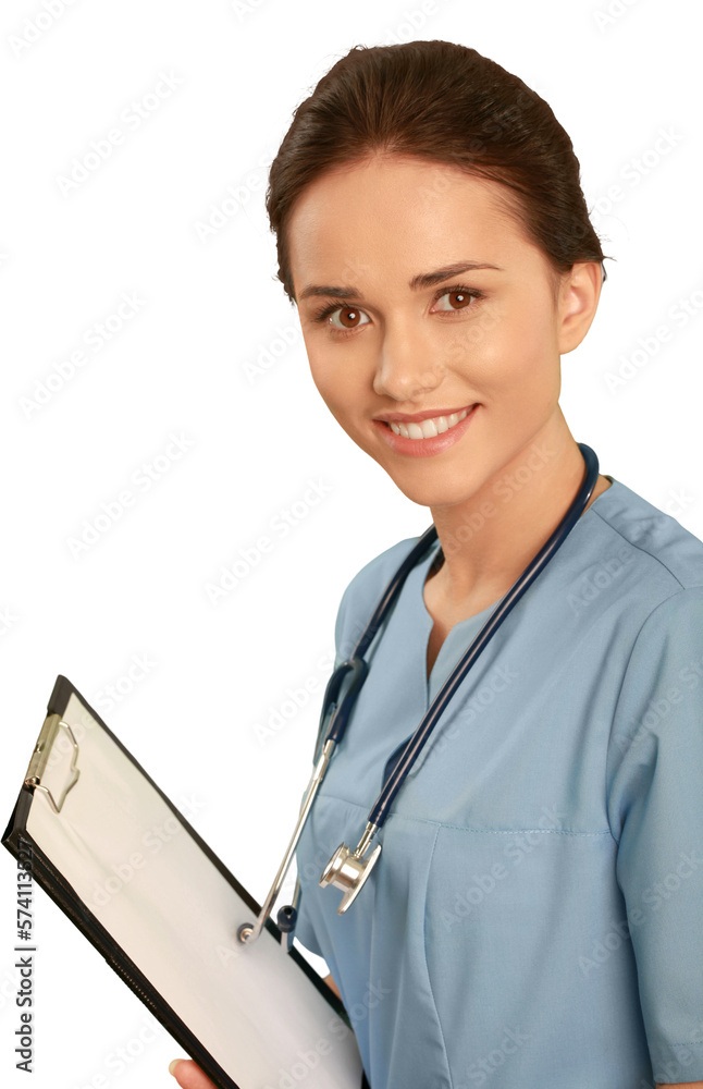 Female healthcare worker holding a clipboard Female healthcare worker holding a clipboard