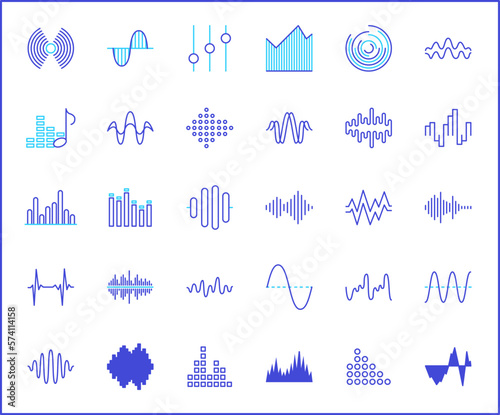 Simple Set of sound wave Related Vector Line Icons. Vector collection of vibration, signal, analog, sound, audio, graph, equalizer, music and design elements symbols or logo element. photo