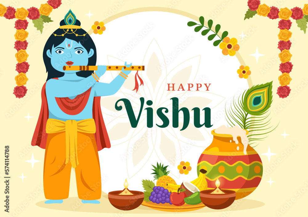 Naklejka premium Happy Vishu Festival Illustration with Traditional Kerala Kani, Fruits and Vegetables for Landing Page in Flat Cartoon Hand Drawn Templates