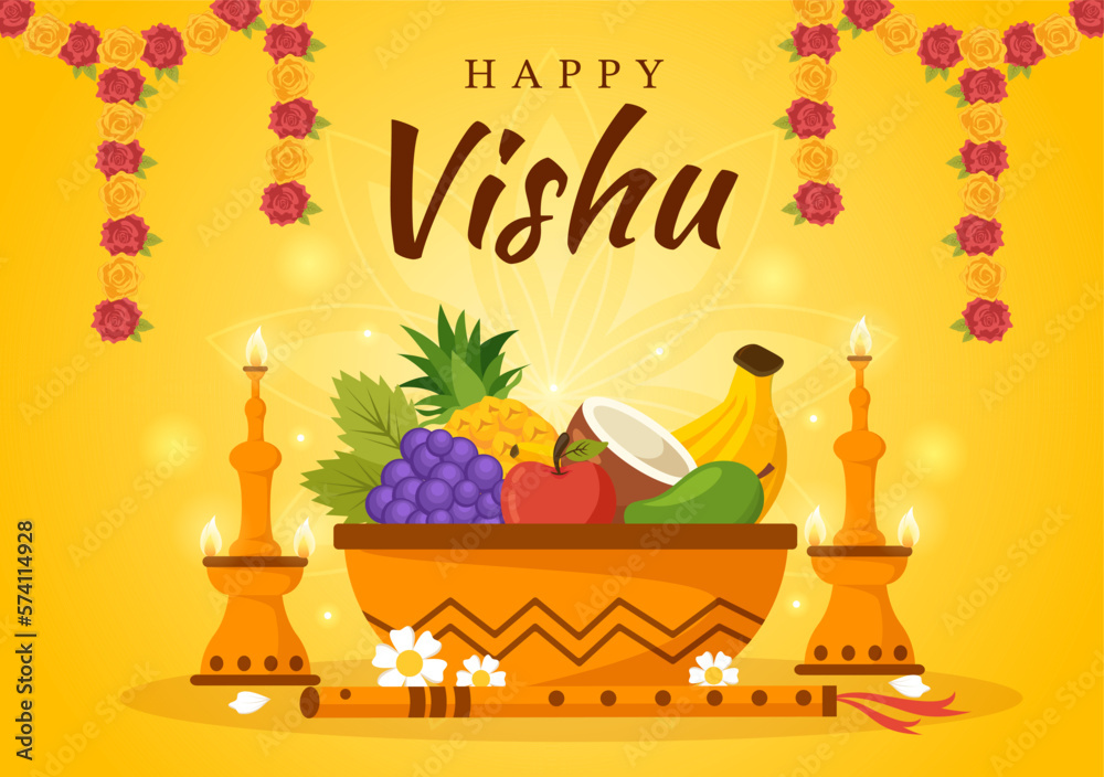 Naklejka premium Happy Vishu Festival Illustration with Traditional Kerala Kani, Fruits and Vegetables for Landing Page in Flat Cartoon Hand Drawn Templates