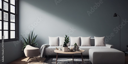 mock up poster frame in boho interior background  wooden living room design  Scandinavian style. Generative AI illustration