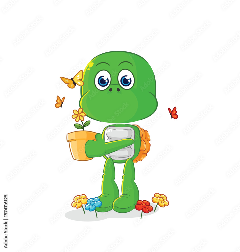 turtle with a flower pot. character vector