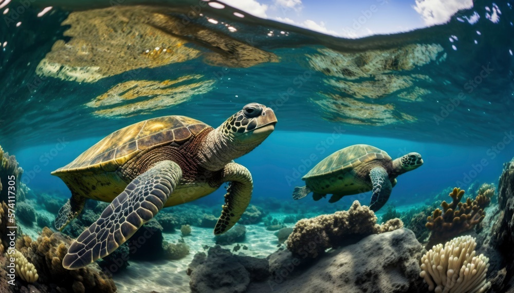 green sea turtle swimming underwater, underwater coral reef, clear ocean water seabed with tortoise generative ai,