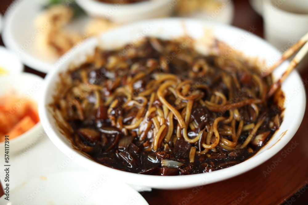 Korean black bean sauce noodle traditional dish close up food Korean black bean sauce noodle traditional dish close up food