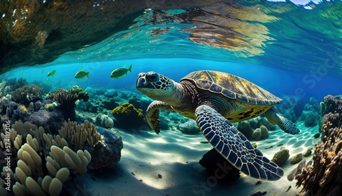 green sea turtle swimming underwater, underwater coral reef, clear ocean water seabed with tortoise generative ai,