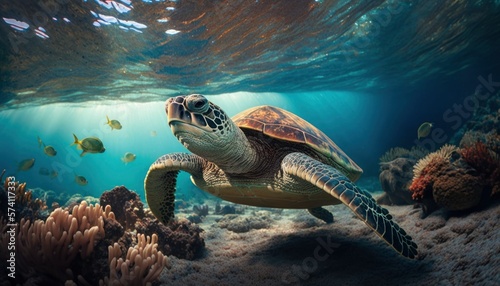 green sea turtle swimming underwater  underwater coral reef  clear ocean water seabed with tortoise generative ai 
