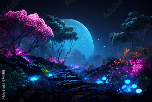 Colorful bioluminescence plants in forest, crystals and glowing path, fireflies, Pandora planet at night photo