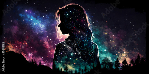 A girl looking at night starry sky with glitter glow galaxy flicker above