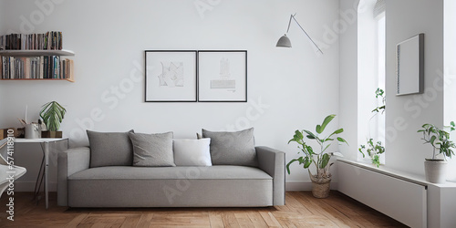 mock up poster frame in boho interior background  wooden living room design  Scandinavian style. Generative AI illustration