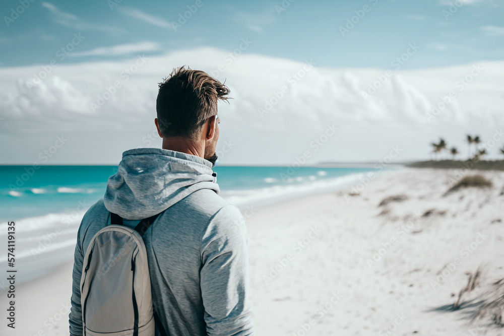man on an empty ocean beach illustration Generative AI