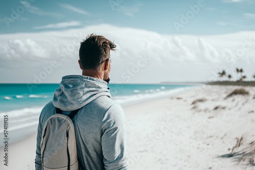 man on an empty ocean beach illustration Generative AI