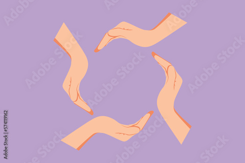 Graphic flat design drawing circle icon made from four hands. Sign or symbol of protection, cooperation, care. Communication with hand gestures for human education. Cartoon style vector illustration