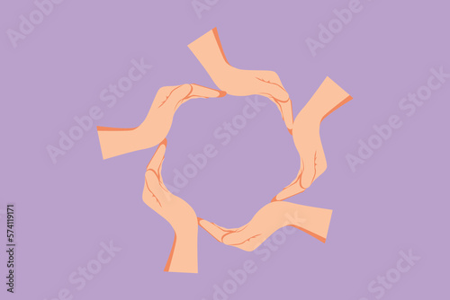 Cartoon flat style drawing circle icon made from five hands. Sign or symbol of protection, cooperation, care. Communication with hand gestures for human education. Graphic design vector illustration