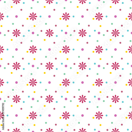 Red flowers among small colorful circle dots on a white background. Which is a seamless pattern that looks cute and bright.