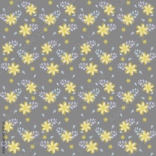The blooming bright yellow tone flowers on background with bouquet of gray leaves, it is a seamless pattern that looks beautiful and attractive.