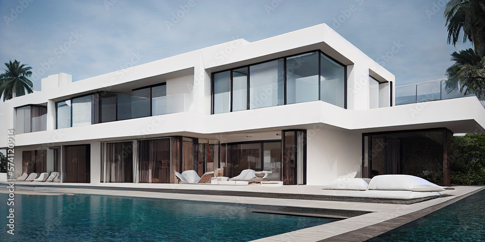Fototapeta premium Luxury pool villa spectacular contemporary design digital art real estate , home, house and property, Generative AI illustration.