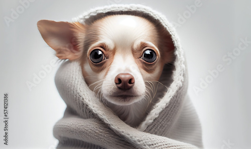 Cute small dog looking at the camera with a white scarf covering. Generative AI. © Pro Hi-Res