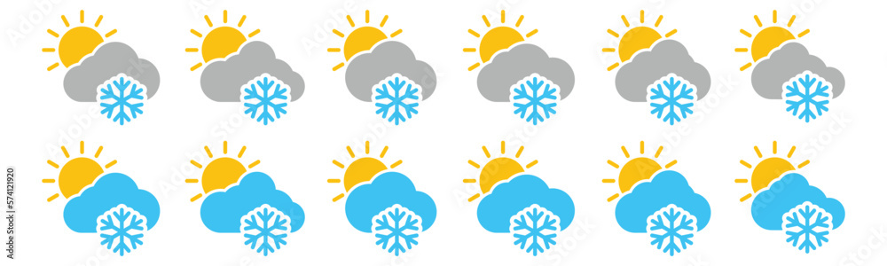 Hot weather snowing icon set. Snowflake, sun, and cloud icon. Sunny rainy weather. Snowing weather icon collection. Snowfall icon vector. Snowing icon symbol for apps and websites, vector illustration