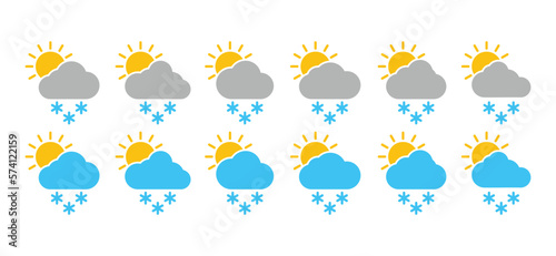 Hot weather snowing icon set. Snowflake, sun, and cloud icon. Sunny rainy weather. Snowing weather icon collection. Snowfall icon vector. Snowing icon symbol for apps and websites, vector illustration