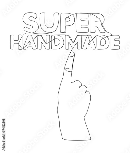 One continuous line of hand with Super Handmade word. Thin Line Illustration vector concept. Contour Drawing Creative ideas.