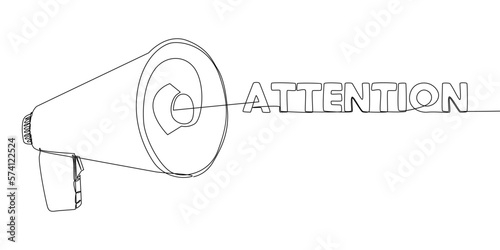 One continuous line of Megaphone with Attention text. Thin Line Illustration vector concept. Contour Drawing Creative ideas.