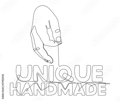 One continuous line of hand with Unique Handmade word. Thin Line Illustration vector concept. Contour Drawing Creative ideas.