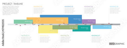 project timeline Infographic template for business. 12 Months modern Timeline diagram calendar with presentation vector infographic. 