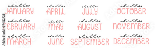 Set of lettering  with names of months plus hello. 12 months with Hello quote. Hello month 12 cards. Hand lettering names of months