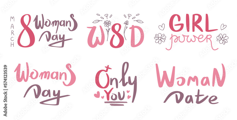Vector set of calligraphy lettering for Women's Day.