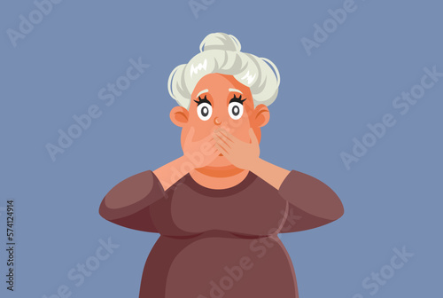 Middle Aged Woman Keeping Secrets Vector Cartoon Illustration. Speechless lady feeling nauseated reacting to a shocking news
