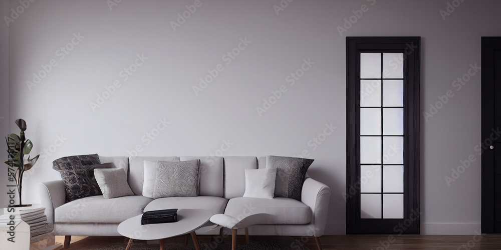 Obraz premium mock up poster frame in boho interior background, wooden living room design, Scandinavian style. Generative AI illustration