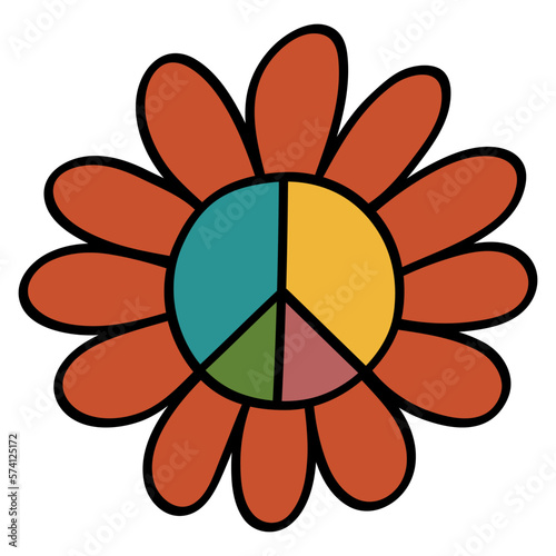 Peace Floral Symbol in 70s or 60s Retro Style. Daisy 1970 Icon. Seventies Element. Groovy Flowers. Hand Drawn Vector Illustration.