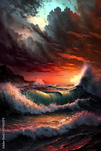 Sunset over the wave of sea