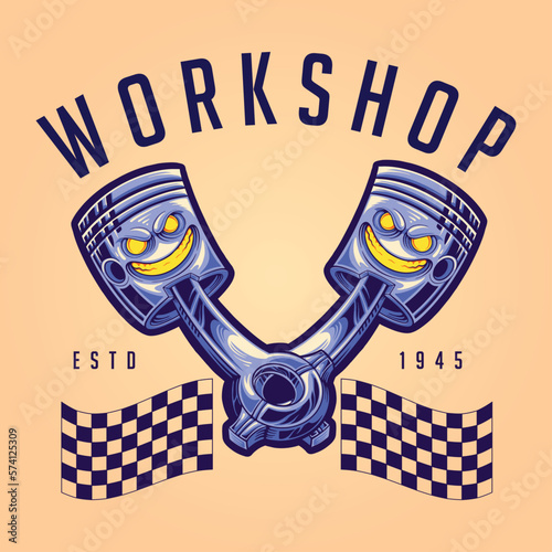 Angry twin piston motor engine workshop illustration vector for your work logo, merchandise t-shirt, stickers and label designs, poster, greeting cards advertising business company brands