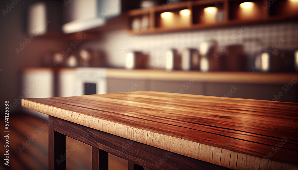 Wood table top on blur kitchen counter background