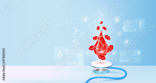 Red blood float away from stethoscope. Medical icons Image virtual hologram on screen computer. Doctor diagnose digital data record. Electronic medical technology innovation. 3d Vector.