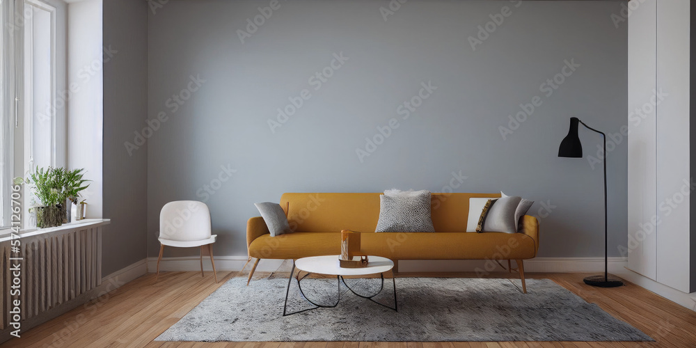 Fototapeta premium mock up poster frame in boho interior background, wooden living room design, Scandinavian style. Generative AI illustration
