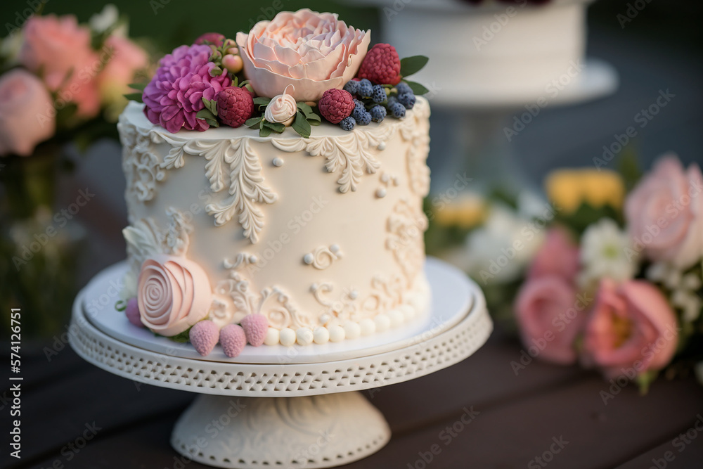 wedding cake decorated with roses. generative AI