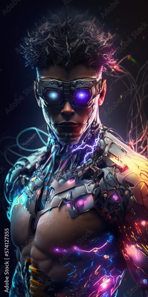 Portrait of a young cyborg man with futuristic color metal virtual reality glasses, cyborg man Augmented Reality, and futuristic vision 3d. Non-existent person. Generative AI Portrait of a young cyborg man with futuristic color metal virtual reality glasses, cyborg man Augmented Reality, and futuristic vision 3d. Non-existent person. Generative AI